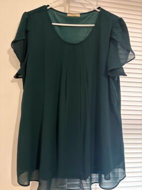 Timeson Dark Green Blouse XL Flutter Sleeve Flowy Top